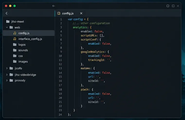 分析設定セクションを含む Jitsi config.js ファイルを表示するダークコードエディタ