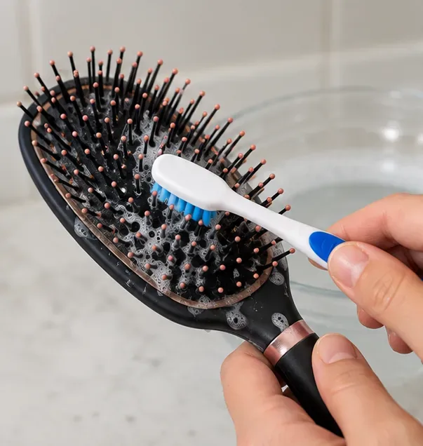小さな歯ブラシで、パドル型ヘアブラシの毛の間や根元に石鹸の泡をこすりつけている。