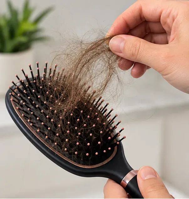 黒いパドル型ヘアブラシの毛先に絡まった大量の髪の毛を、手が持ち上げている。