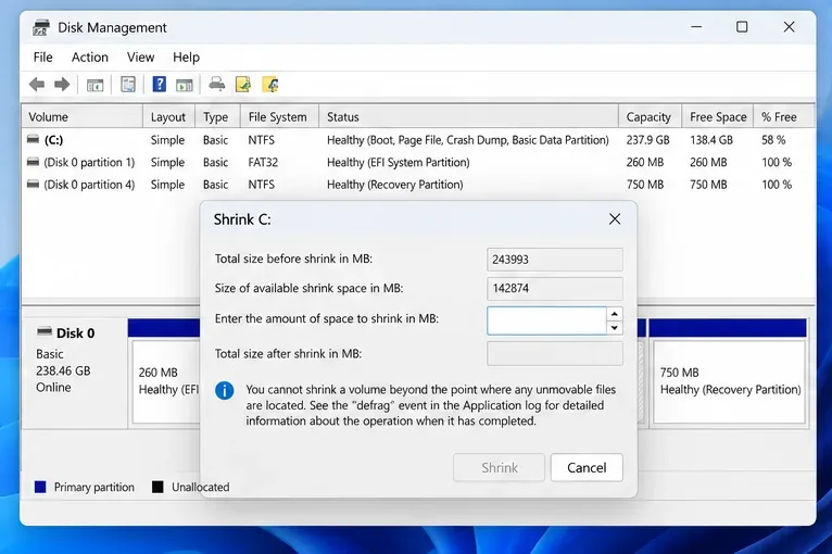 ภาพประกอบแสดงหน้าต่าง "ลดขนาดดิสก์ไดรฟ์ C:" ของ Windows Disk Management โดยมีช่องว่างสำหรับระบุจำนวนพื้นที่ที่ต้องการลดขนาด