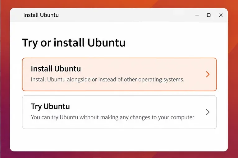 ภาพหน้าจอเริ่มต้นการติดตั้ง Ubuntu ที่แสดงตัวเลือก ติดตั้ง Ubuntu และ ลองใช้ Ubuntu
