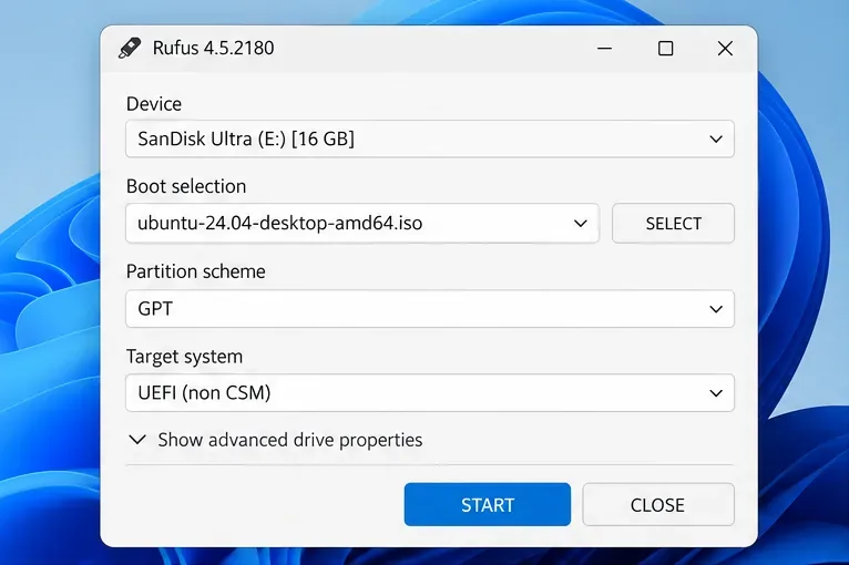 ตัวอย่างหน้าต่าง Rufus ขณะเลือกไฟล์ ISO ของ Ubuntu 24.04, อุปกรณ์ USB แบบถอดได้, รูปแบบพาร์ติชั่น GPT และเป้าหมาย UEFI