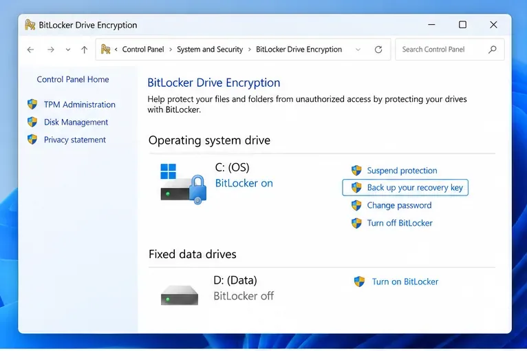 ภาพประกอบแผงควบคุมการเข้ารหัสไดรฟ์ BitLocker ของ Windows แสดงไดรฟ์ระบบปฏิบัติการ C: ที่ได้รับการปกป้อง และการดำเนินการ "สำรองรหัสกู้คืนของคุณ"