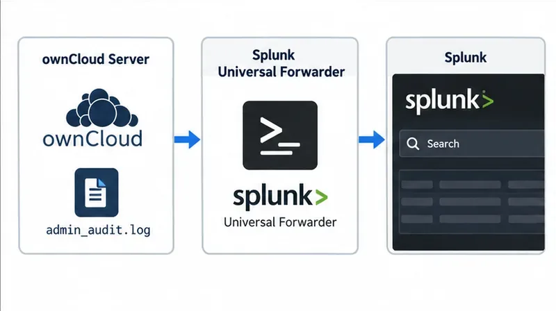 На простой схеме показано, как сервер ownCloud записывает файл admin_audit.log, который Splunk Universal Forwarder отправляет в Splunk.