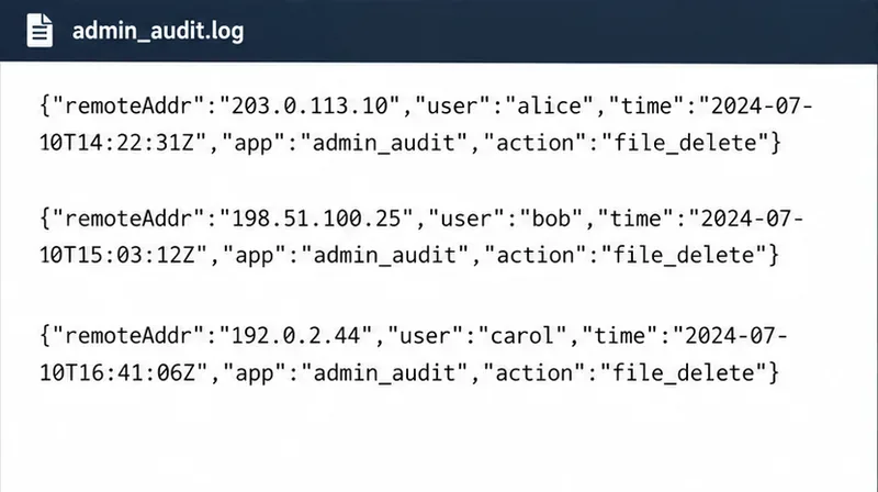 В примере файла admin_audit.log показаны структурированные поля для remoteAddr, user, time, app и action.