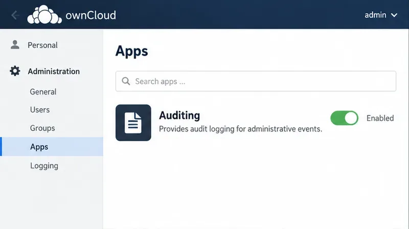 На показательной странице администрирования приложений ownCloud показано, что приложение «Аудит» включено.