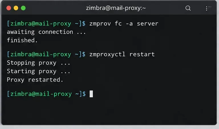 تسلسل طرفي توضيحي يُظهر تحديث ذاكرة التخزين المؤقت لتكوين Zimbra متبوعًا بإعادة تشغيل zmproxyctl.