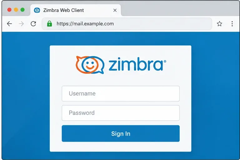 نافذة متصفح تعرض صفحة تسجيل الدخول لعميل Zimbra Web Client على https://mail.example.com مع رمز قفل.