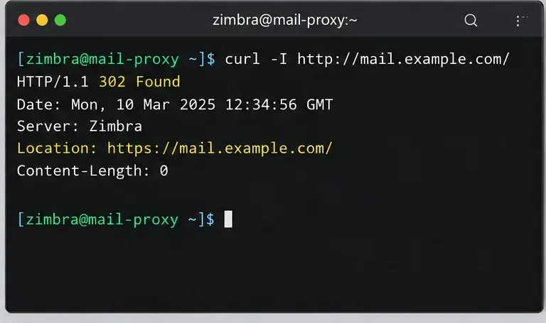 مخرجات طرفية توضيحية لطلب HTTP تُظهر 302 Found وعنوان الموقع الذي يشير إلى https://mail.example.com/.