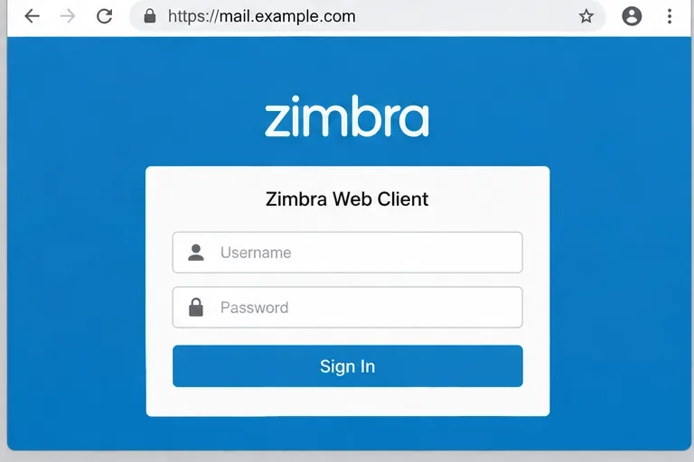 صفحة تسجيل الدخول لعميل Zimbra Web Client معروضة في متصفح مع https://mail.example.com ورمز قفل في شريط العنوان.
