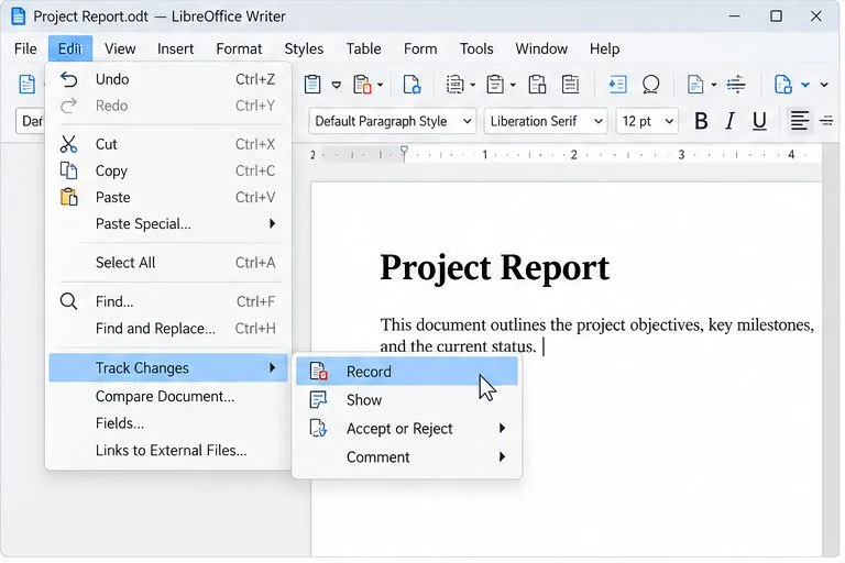 Menú Editar de LibreOffice Writer abierto en Control de cambios, con el comando Grabar resaltado sobre un documento de ejemplo.