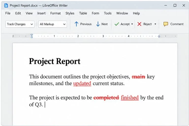 Se volvió a abrir el archivo Project Report.docx en Writer y aún se observa el mismo seguimiento de inserciones y eliminaciones.