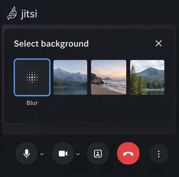 Jitsi風のSelect背景パネルには、ぼかし効果と3つの横長の背景サムネイルが表示されます。
