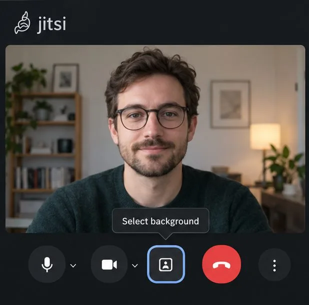 Jitsi Meetのミーティングツールバーには、カメラプレビューの下に「背景を選択」という強調表示されたコントロールがあります。