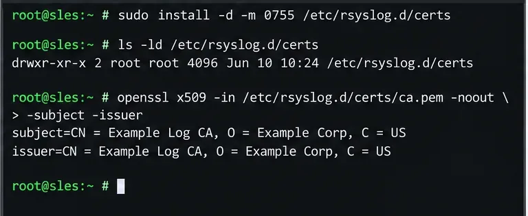 เทอร์มินัล SLES ตรวจสอบไดเร็กทอรีใบรับรอง rsyslog ที่เป็นของ root และตรวจสอบหัวเรื่องและผู้ออกใบรับรอง CA ด้วย OpenSSL