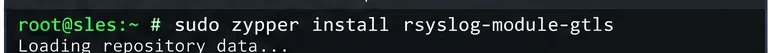 เทอร์มินัล SLES พร้อมคำสั่ง zypper install rsyslog-module-gtls