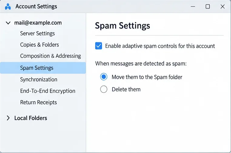 Konzeptionelle Darstellung der Thunderbird-Kontoeinstellungen mit aktiviertem adaptivem Spamschutz und der Einstellung, erkannte Nachrichten in den Spam-Ordner zu verschieben.