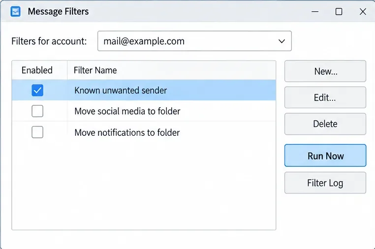 Konzeptioneller Thunderbird-Nachrichtenfilter-Manager mit dem richtigen Konto ausgewählt, einem hervorgehobenen Filter und der Option „Jetzt ausführen“ verfügbar