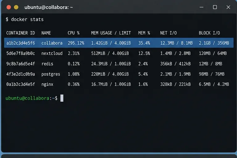 Visualizzazione delle statistiche di Docker con il container Collabora che utilizza una quantità di CPU notevolmente superiore rispetto ai servizi vicini.