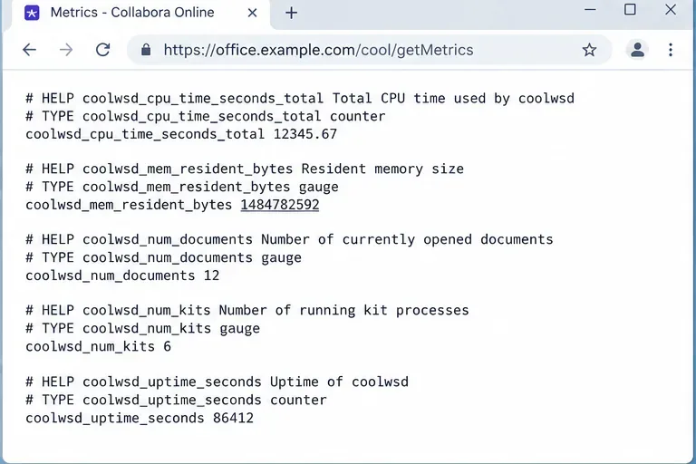 Browser che visualizza l'endpoint getMetrics di Collabora Online con metriche di processo e di documento.