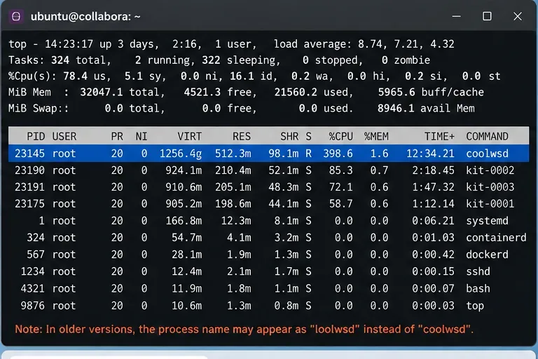 Vista dall'alto di Linux che mostra un processo Collabora coolwsd molto impegnato e diversi processi kit che utilizzano la CPU.
