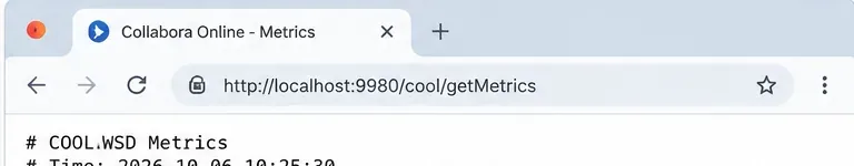 Barra degli indirizzi del browser che mostra l'endpoint locale di Collabora Online cool getMetrics