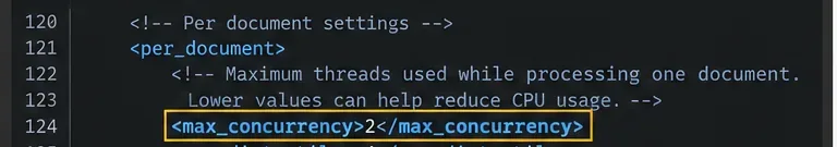 L'editor coolwsd.xml evidenzia per_document max_concurrency è impostato su 2