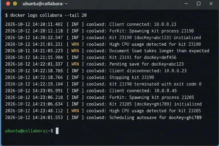 Visualizzazione del registro del contenitore Collabora che mostra la creazione del kit, l'attività sui documenti, le voci di salvataggio automatico e gli avvisi di utilizzo elevato della CPU.