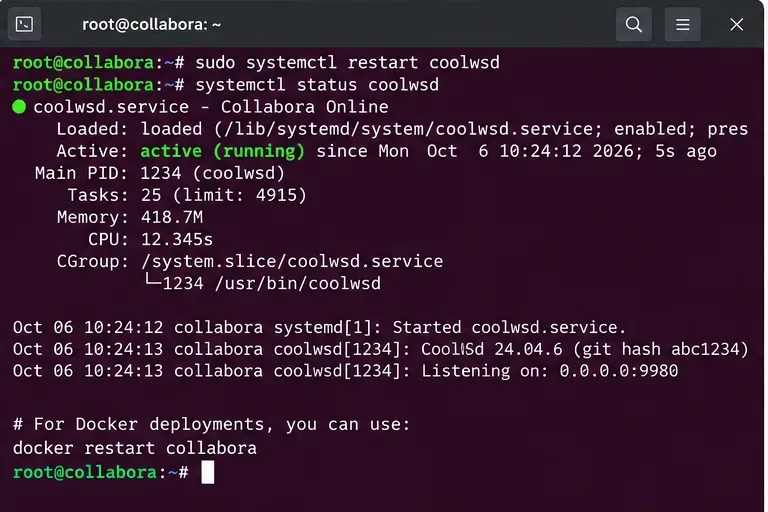 Terminale che mostra lo stato di riavvio di coolwsd e lo stato di attività del servizio systemd con un esempio di comando di riavvio di Docker