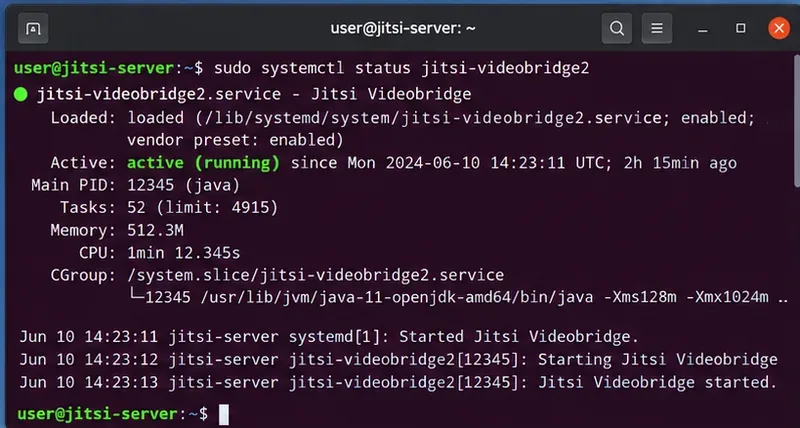 Ubuntuターミナルでjitsi-videobridge2サービスがアクティブな実行状態にあることを示すsystemctlステータスを表示