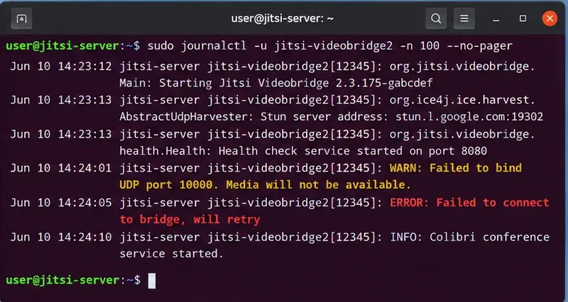 Ubuntuターミナルに、UDPポートとブリッジ接続に関する警告を含むJitsi Videobridgeジャーナル出力例を表示した。
