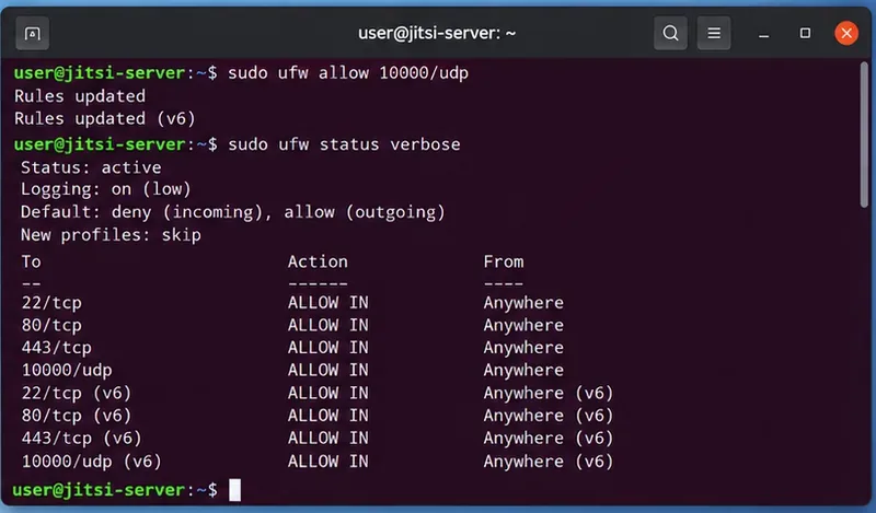 Ubuntuターミナルに、コマンド「sudo ufw allow 10000/udp」と、UDP 10000が許可されていることを示すUFWステータス一覧が表示されている。