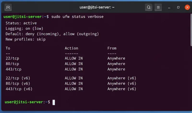 Ubuntuターミナルに表示されたUFWルールでは、TCP 22、80、443は許可されているが、UDP 10000が欠落している。