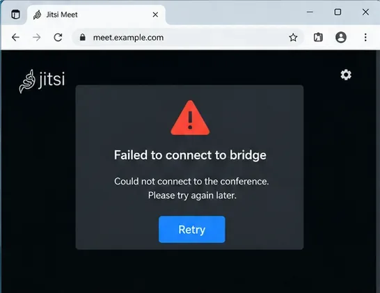 Jitsi Meetのブラウザウィンドウに「ブリッジへの接続に失敗しました」というメッセージが表示されている図。