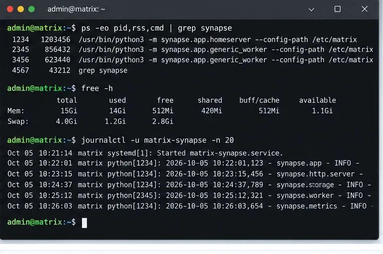 Terminal que muestra el RSS del proceso Synapse, la memoria libre, el uso de la memoria de intercambio y los registros recientes del servicio matrix-synapse.