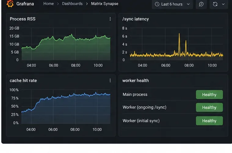 Panel de control de Synapse estilo Grafana que muestra el RSS del proceso, la latencia de sincronización, la tasa de aciertos de caché y el estado de los procesos de trabajo principal y de sincronización.
