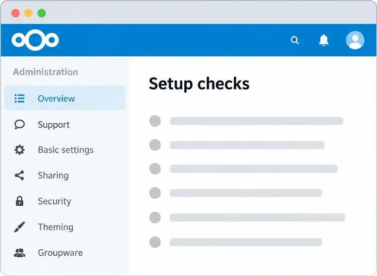 صفحة نظرة عامة على إعدادات إدارة Nextcloud مع تحديد قسم فحوصات الإعداد