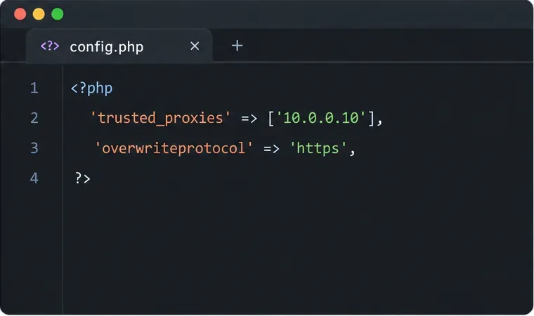 مقتطف من محرر ملف config.php الخاص بـ PHP يعرض نماذج لقيم trusted_proxies و overwriteprotocol