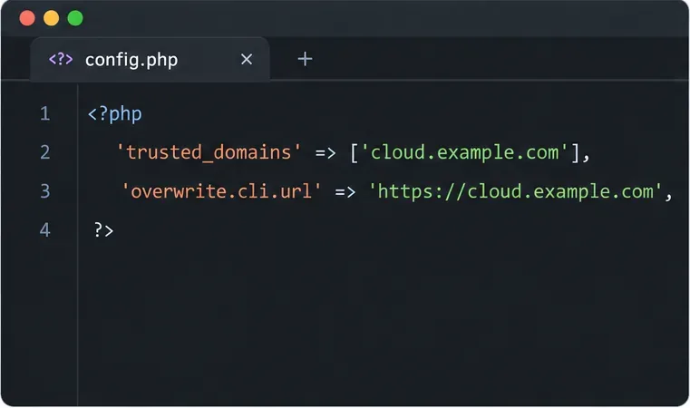 محرر إعدادات PHP يعرض نماذج لإدخالات trusted_domains و overwrite.cli.url في ملف config.php