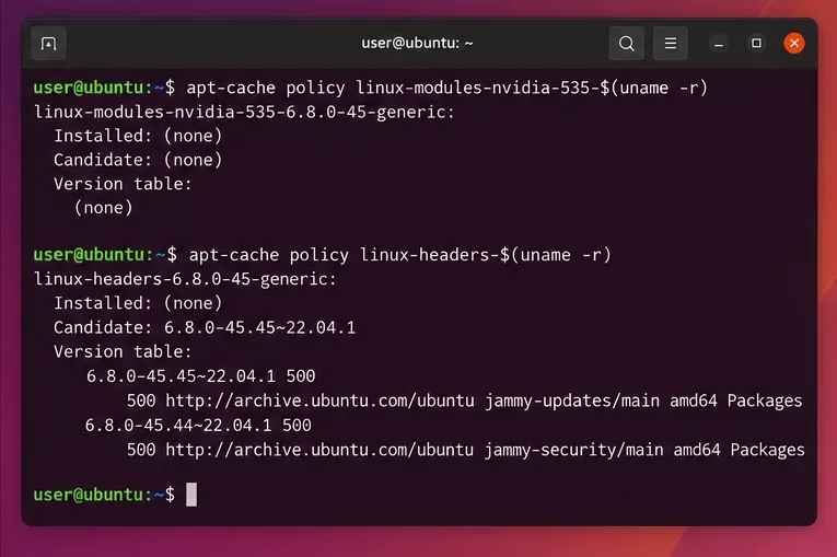 Controllo della policy di apt-cache per un pacchetto di moduli del kernel NVIDIA e per gli header del kernel corrente tramite terminale Ubuntu.