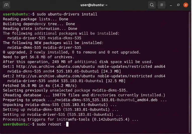 Terminale Ubuntu che mostra un'operazione di installazione di ubuntu-drivers seguita da un riavvio con sudo.