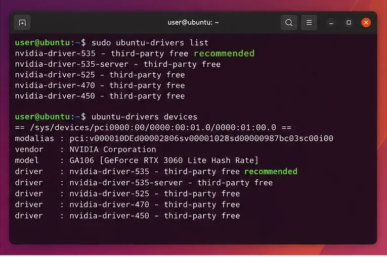 Terminale Ubuntu che mostra l'elenco dei driver ubuntu-drivers e i dispositivi ubuntu-drivers con un driver NVIDIA contrassegnato come consigliato.