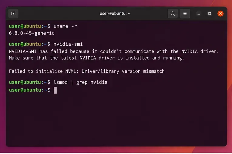 Il terminale Ubuntu mostra uname -r, un comando nvidia-smi fallito e nessun modulo NVIDIA restituito da lsmod.