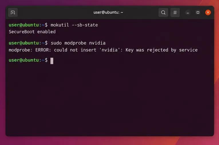 Il terminale Ubuntu mostra SecureBoot abilitato e modprobe nvidia fallisce con un messaggio di rifiuto della chiave.