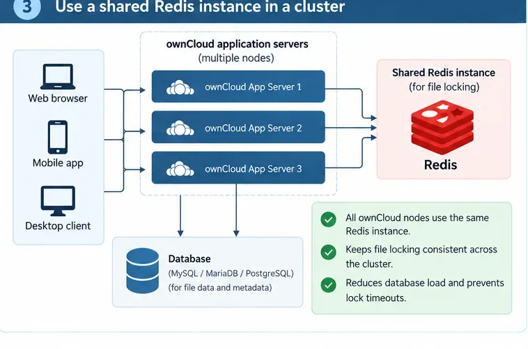 複数のownCloudアプリケーションサーバーが、ファイルロック用のRedisインスタンスとデータベースを1つずつ共有する構成図