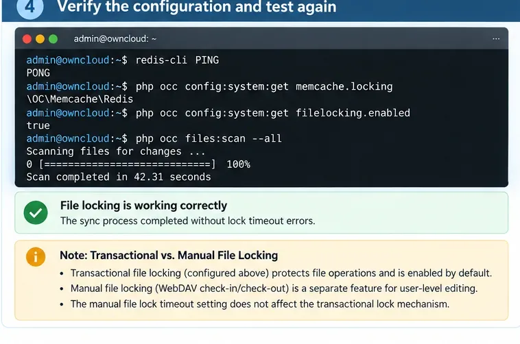 ターミナルでRedisの接続とownCloudのmemcache.locking設定を確認。トランザクションロックと手動ロックを区別する注記付き。