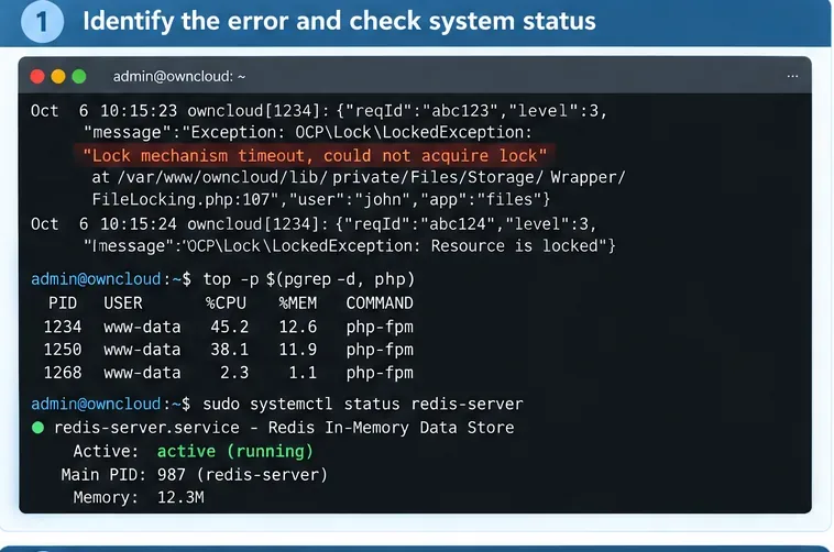 ownCloudのロックタイムアウトメッセージ、PHPプロセスのアクティビティ、およびRedisサービスのステータスを表示するターミナル