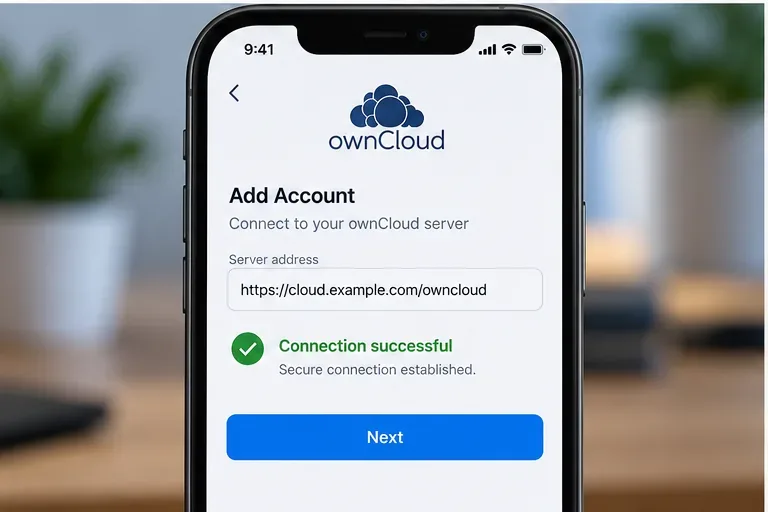 範例 ownCloud 行動帳戶畫面顯示了相同的伺服器 URL 以及成功的安全連線。