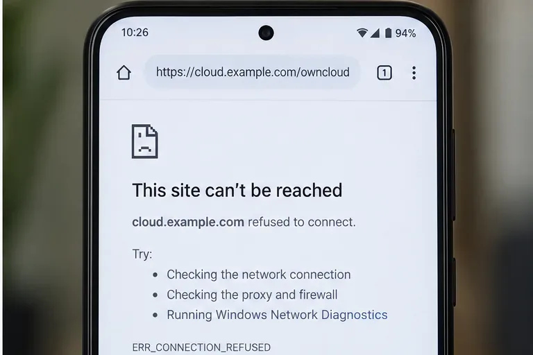 範例行動瀏覽器顯示 cloud.example.com 拒絕連線到同一個 ownCloud URL