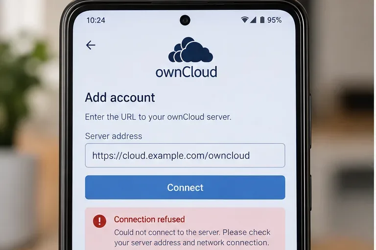 範例 ownCloud 行動帳戶螢幕，顯示伺服器位址 https://cloud.example.com/owncloud 和「連線被拒絕」訊息。
